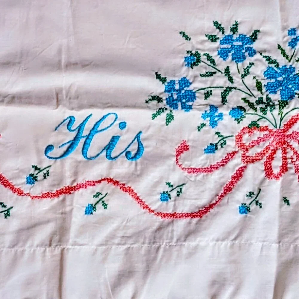 Vintage Handmade XL His & Hers Pillowcase Set